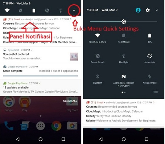 Android N menu Notifikasi dan quick settings